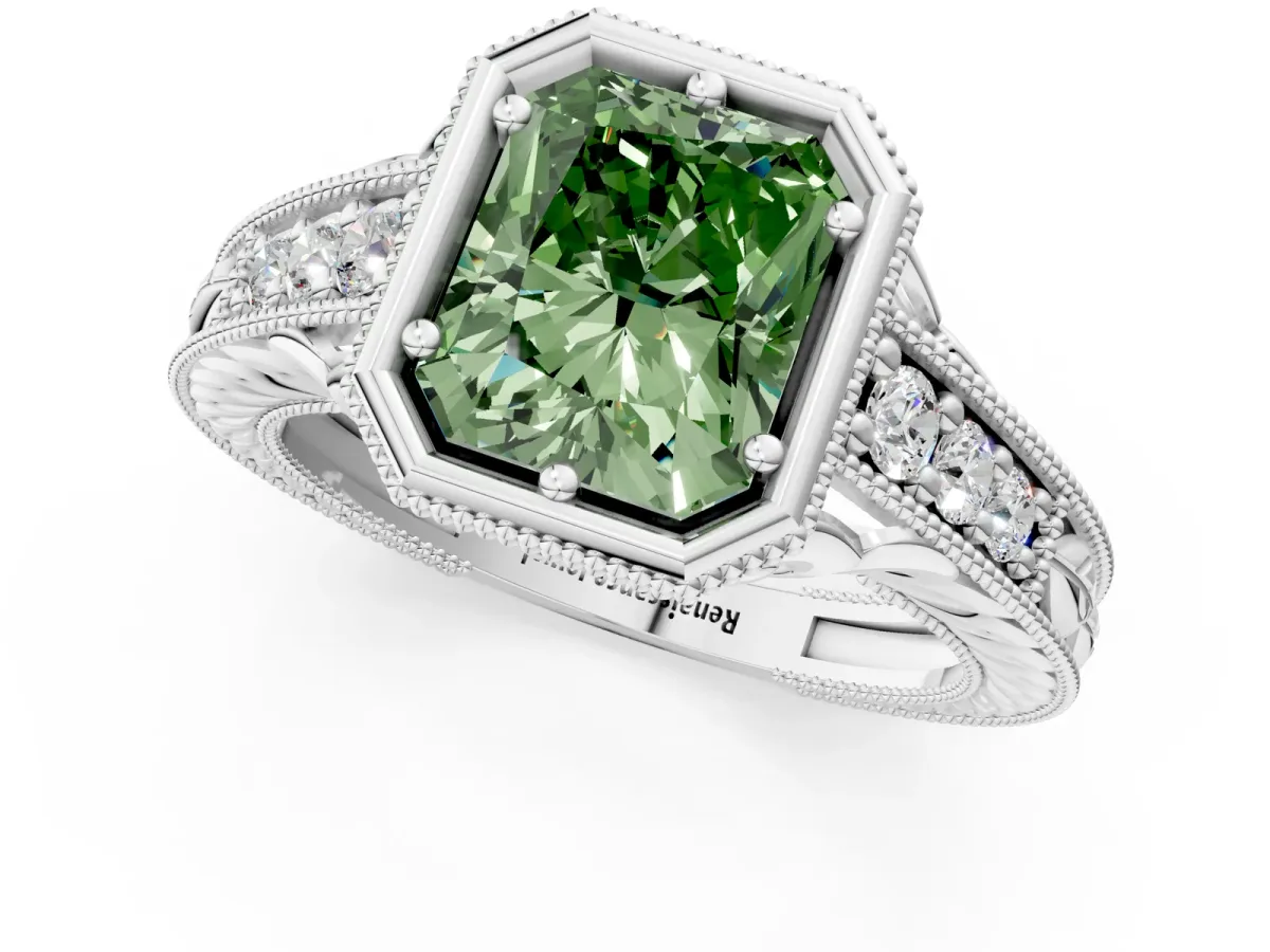 Fancy Green Bezel Set Radiant Cut Diamond Milgrain Pave Engagement Ring Platinum