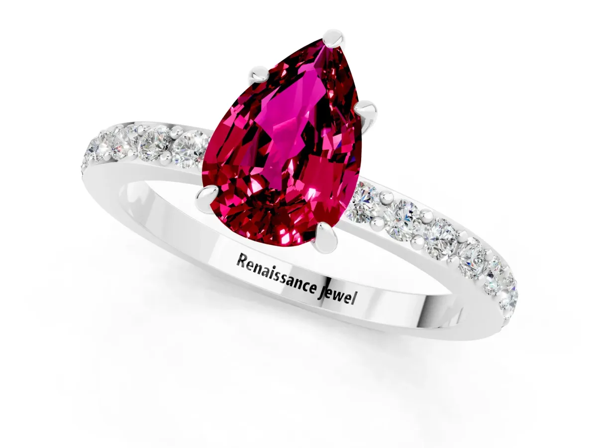 Pear Cut Garnet Solitaire Engagement Ring with Pavé Band and Four-Prong Setting Silver