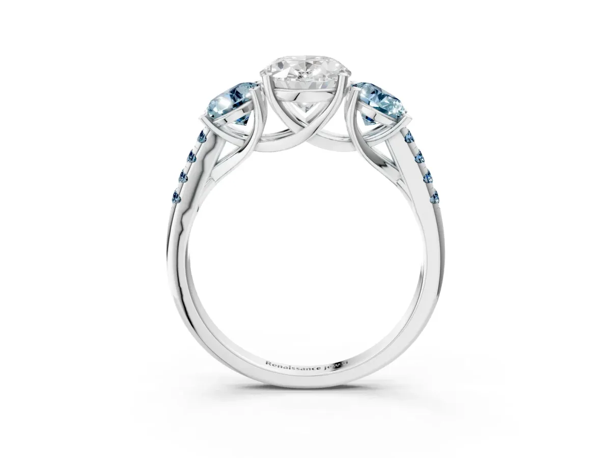 Three-Stone Oval Cut Diamond Ring with Round Aquamarine Pavé Band and Prong Setting Silver