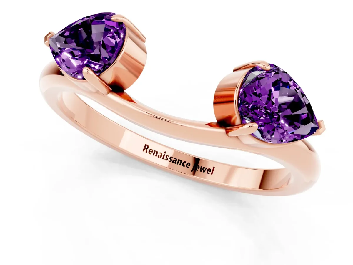 Two-Stone Pear Amethyst Bypass Ring with Prong Setting Rose gold