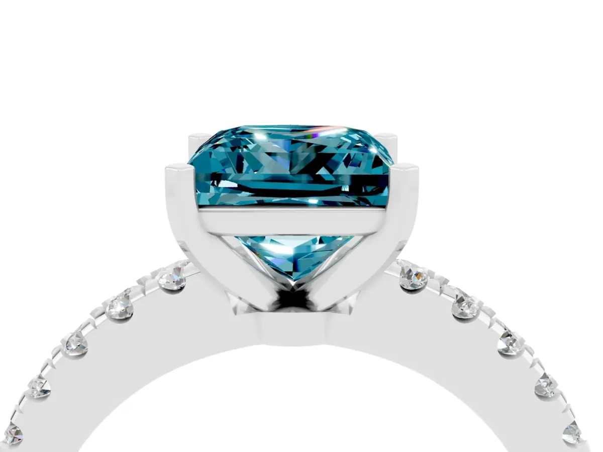Princess Cut Solitaire Blue Topaz with Pavé Band and Four-Prong Setting Silver