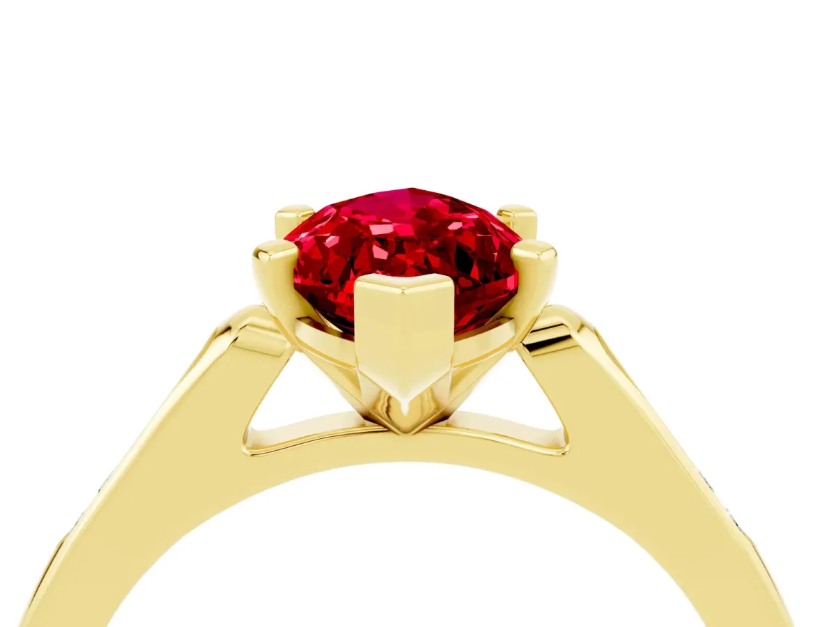 Marquise Cut Ruby Solitaire Ring with Channel Set Round Band and Prong Setting Yellow gold