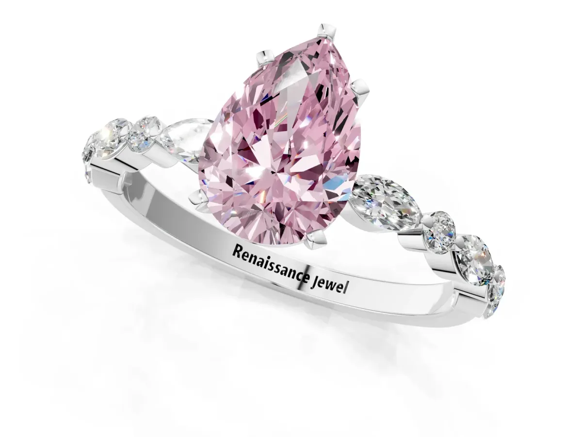 Fancy Pink Pear Cut Diamond Ring with Marquise and Round Side Stones and Four-Prong Setting Silver