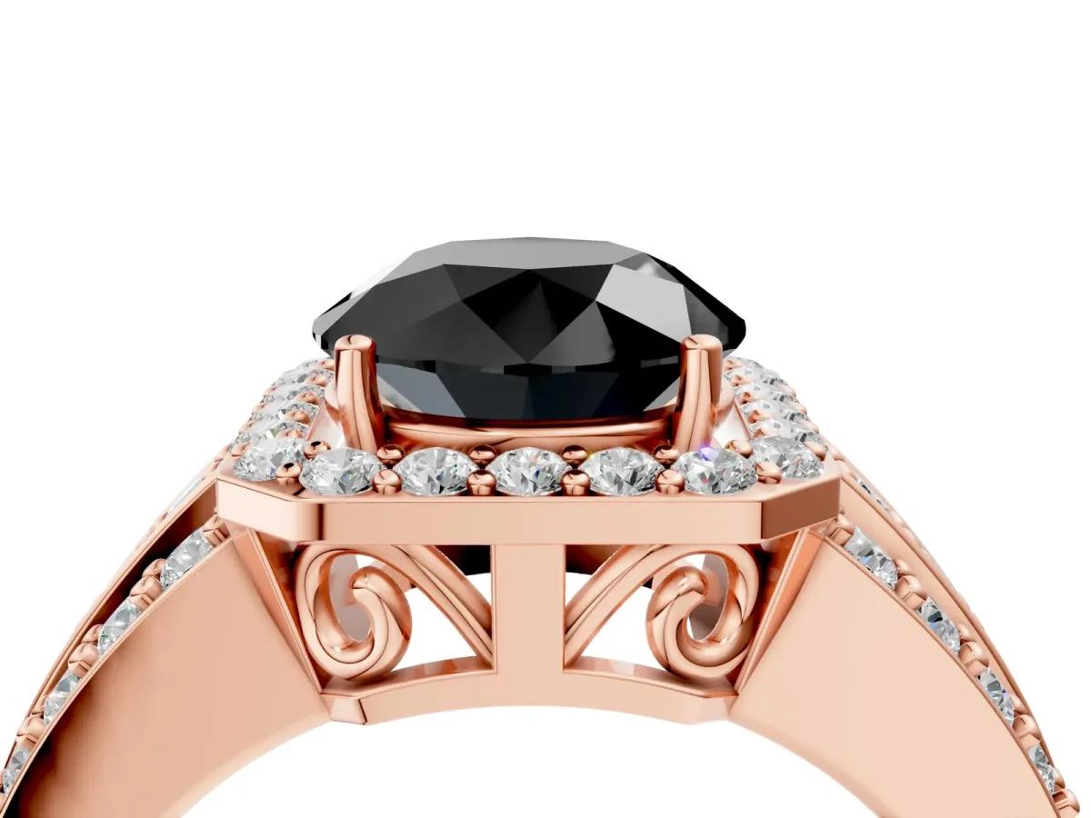 Fancy Black Round Cut Halo Diamond Ring with Round Split Shank and Prong Setting Rose gold