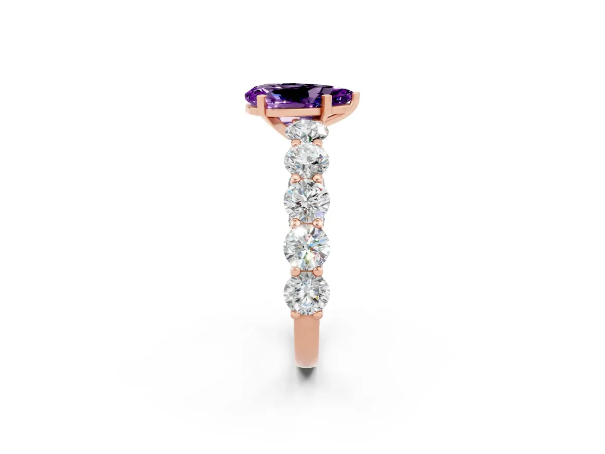 Pear Cut Amethyst Prong Setting with Side Stones on a Pave Band Rose gold