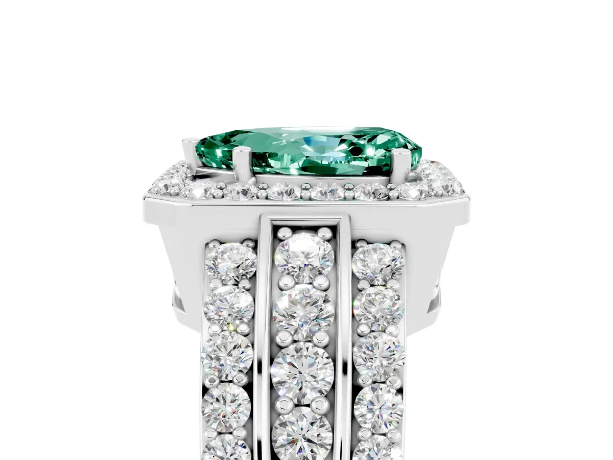 Pear Cut Halo Green Sapphire Ring with Round Split Shank and Prong Setting Platinum