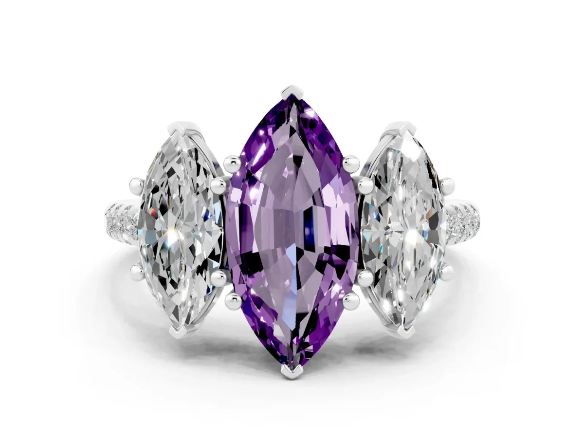 Three-Stone Marquise Cut Amethyst Ring with Round Pavé Band and Prong Setting Silver