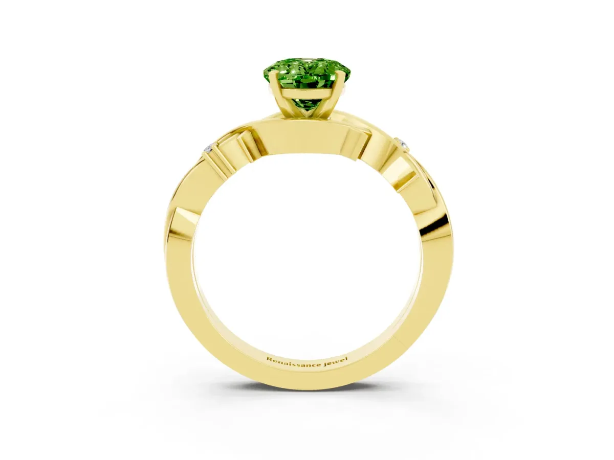 Oval Cut Peridot Solitaire Ring with Twisted Band and Prong Setting Yellow gold