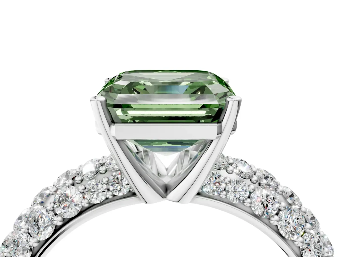 Fancy Green Asscher Cut Diamond Pavé Band Solitaire Ring with Four-Prong Setting Platinum
