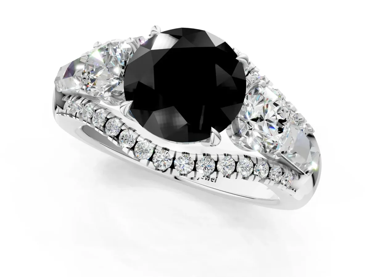 Fancy Black Three-Stone Round Cut Diamond Engagement Ring with Pave Band and Prong Setting Platinum