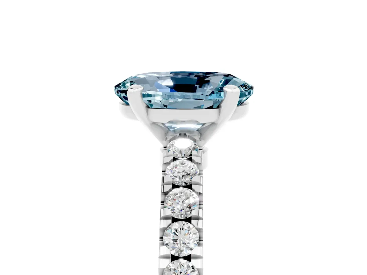 Oval Cut Solitaire Aquamarine with Pavé Band and Four-Prong Setting Silver