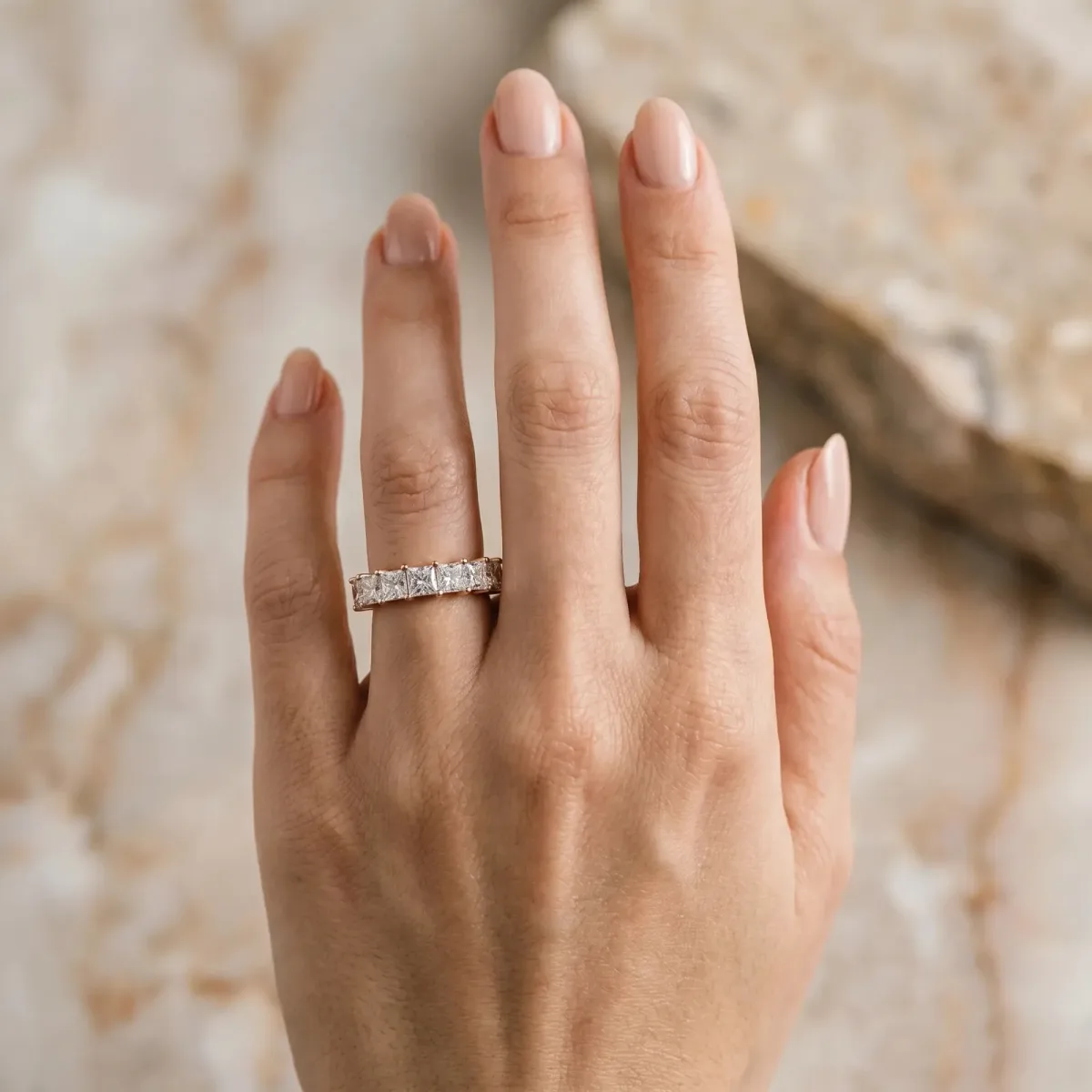 Princess Cut Diamond Channel-Set Eternity Band with Prong Setting Rose gold