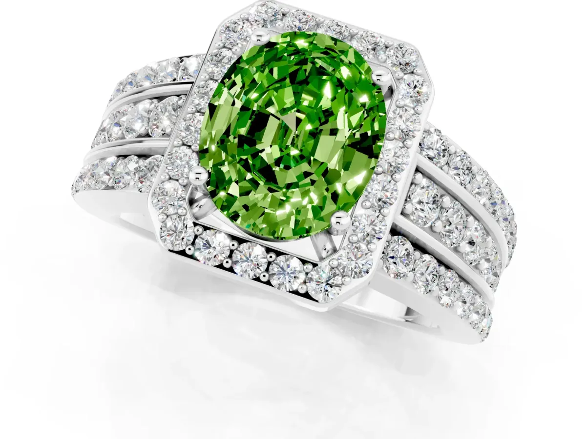 Oval Cut Halo Peridot Ring with Round Split Shank and Prong Setting Platinum