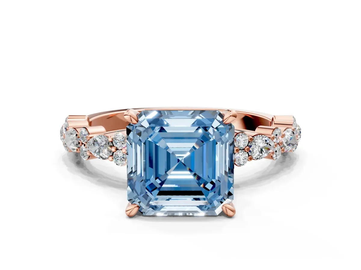 Fancy Blue Asscher Cut Diamond Side Stone Solitaire Ring with Round and Four-Prong Setting Rose gold