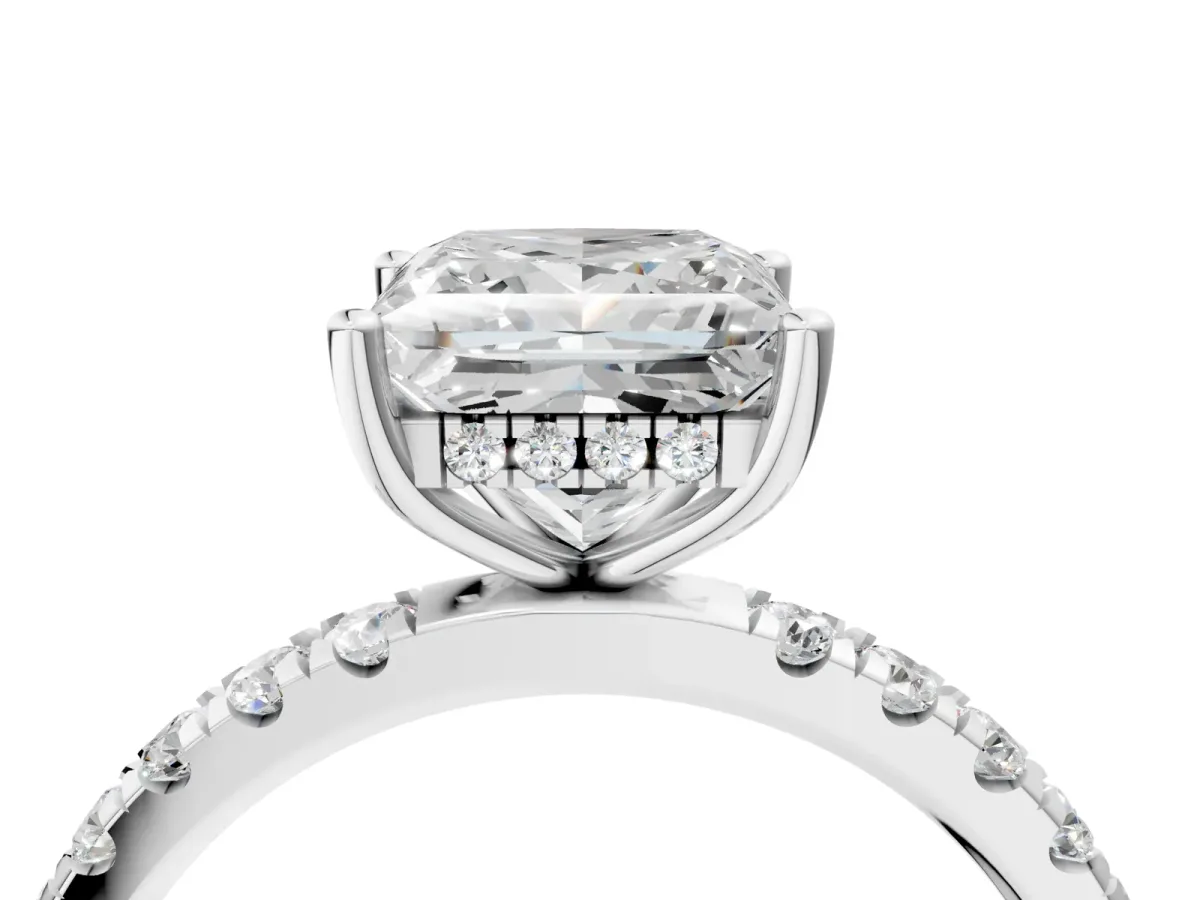 Princess Cut Diamond Pave Band Solitaire Ring with Round Moissanite and Prong Setting Silver