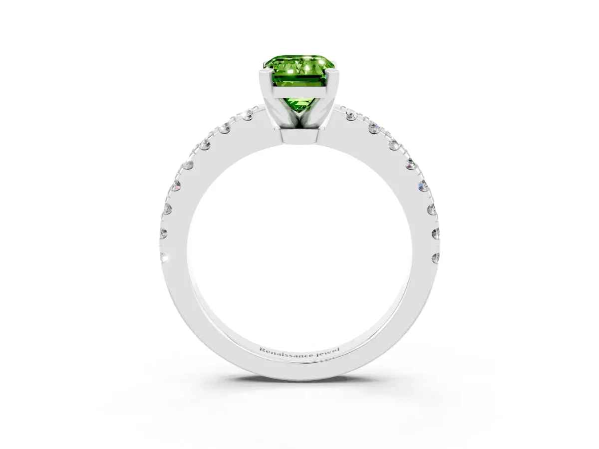 Emerald Cut Solitaire Peridot with Pavé Band and Four-Prong Setting Silver