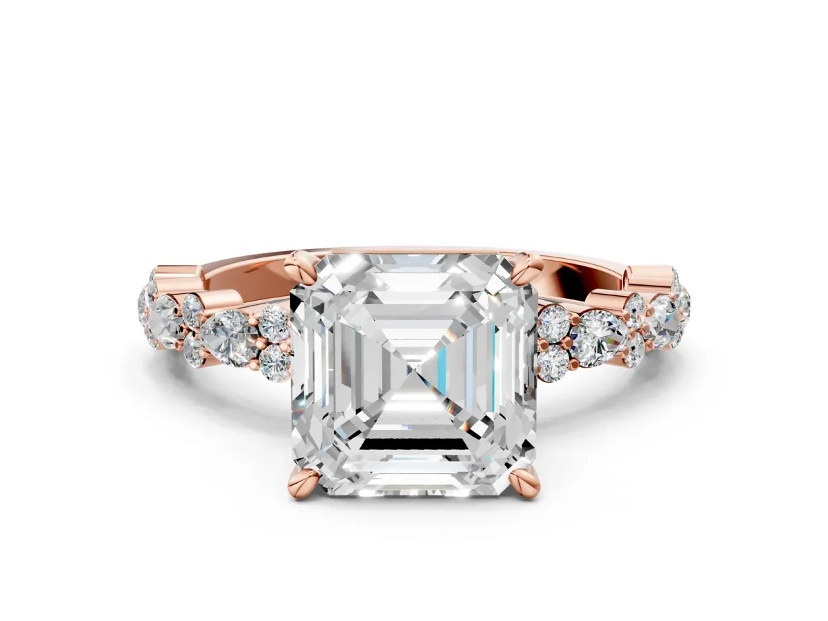 Asscher Cut Diamond Side Stone Solitaire Ring with Round and Four-Prong Setting Rose gold