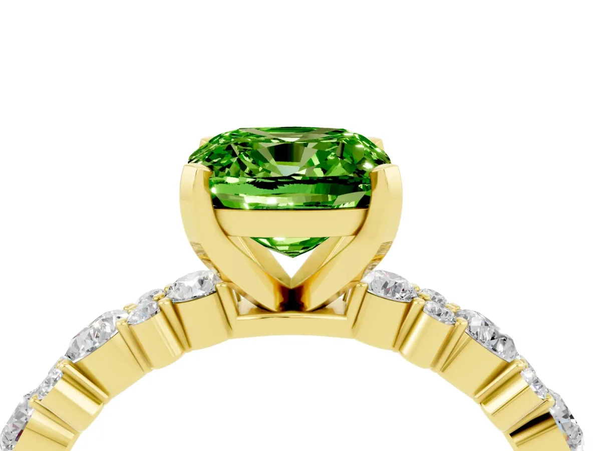 Cushion Cut Peridot Side Stone Solitaire Ring with Round and Four-Prong Setting Yellow gold
