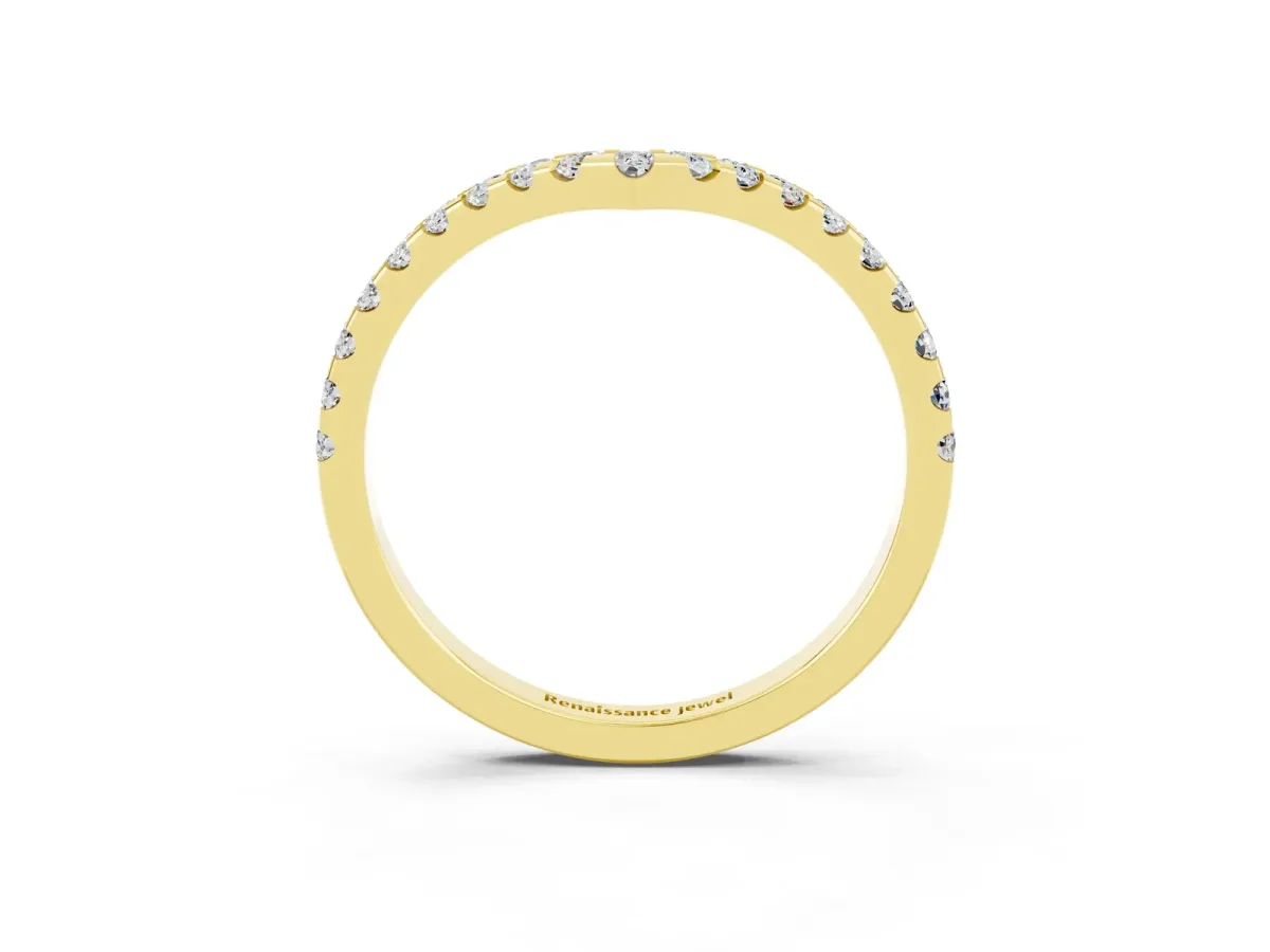 Pavé Round Moissanite Chevron Band with Shared Prong Setting Yellow gold