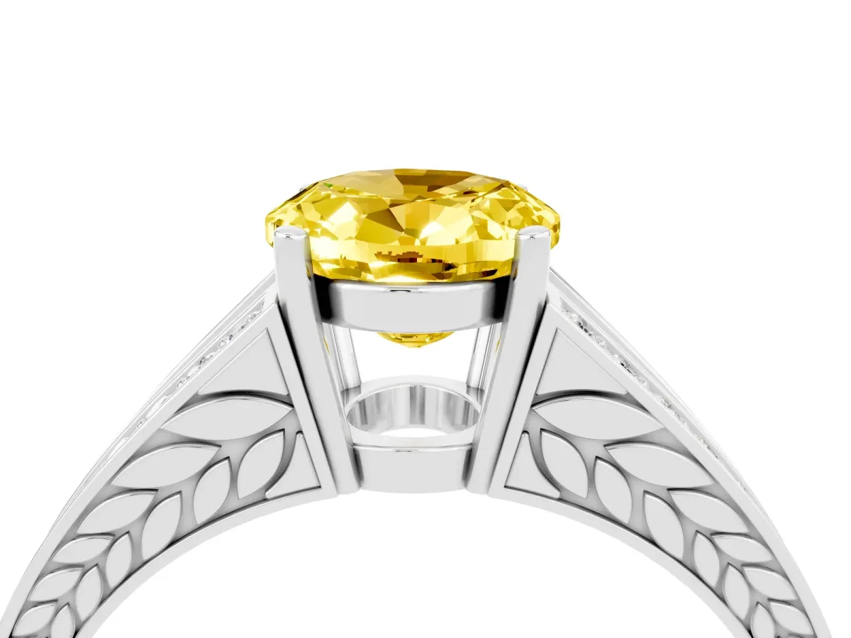 Oval Cut Yellow Sapphire Split Shank Ring with Pavé Band and Four-Prong Setting White gold
