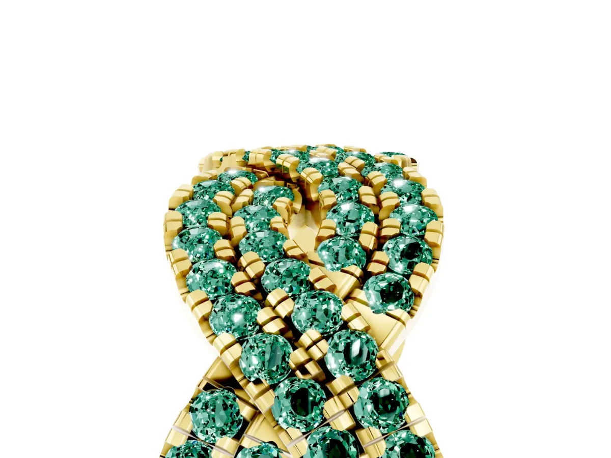 Pavé Round Green Sapphire Infinity Twist Band with Shared Prong Setting Yellow gold