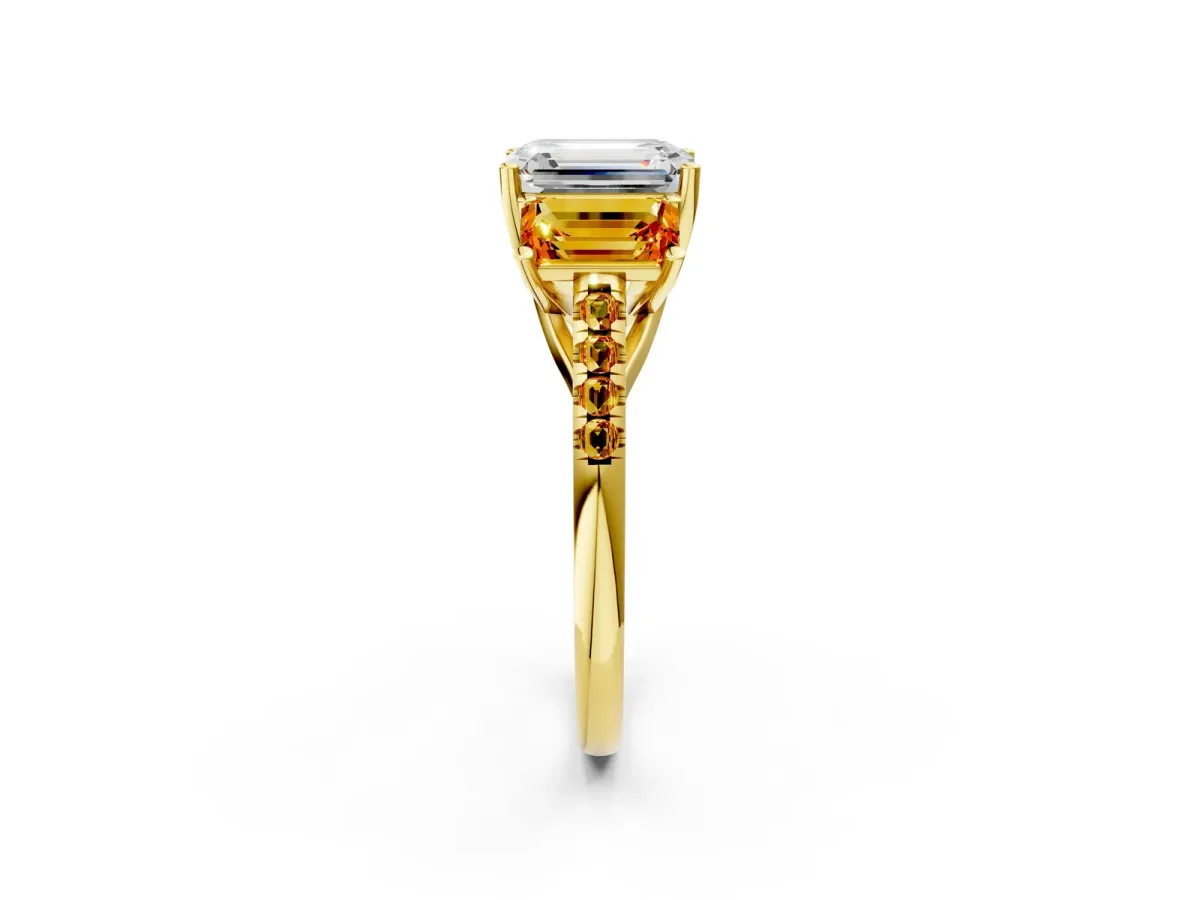 Three-Stone Emerald Cut Diamond Ring with Round Citrine Pavé Band and Prong Setting Yellow gold