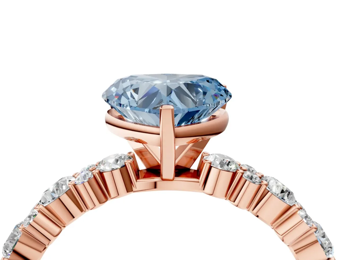 Fancy Blue Heart Cut Diamond Side Stone Solitaire Ring with Round and Four-Prong Setting Rose gold