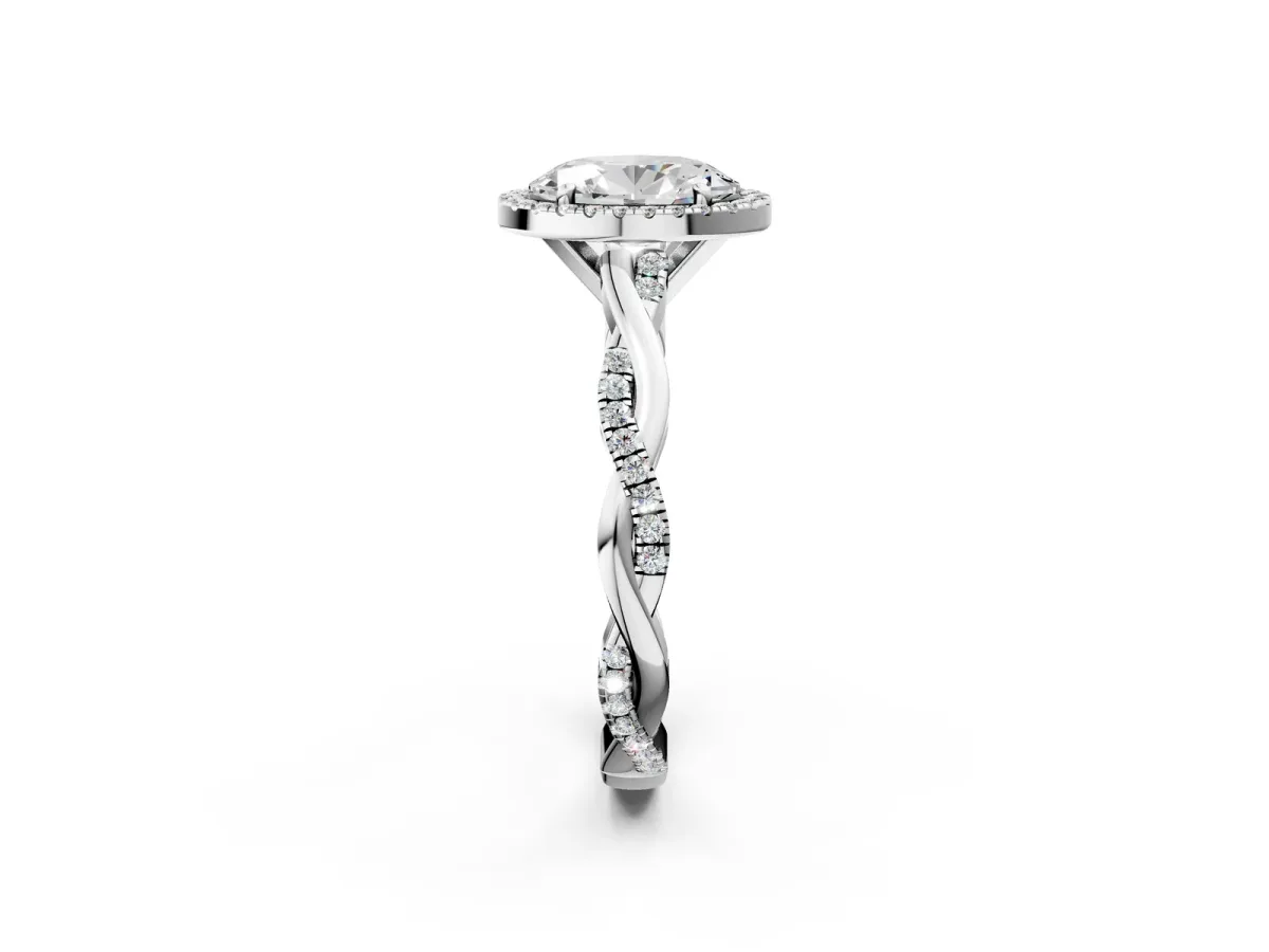 Oval Cut Cut Halo Twisted Band Four-Prong Ring White gold