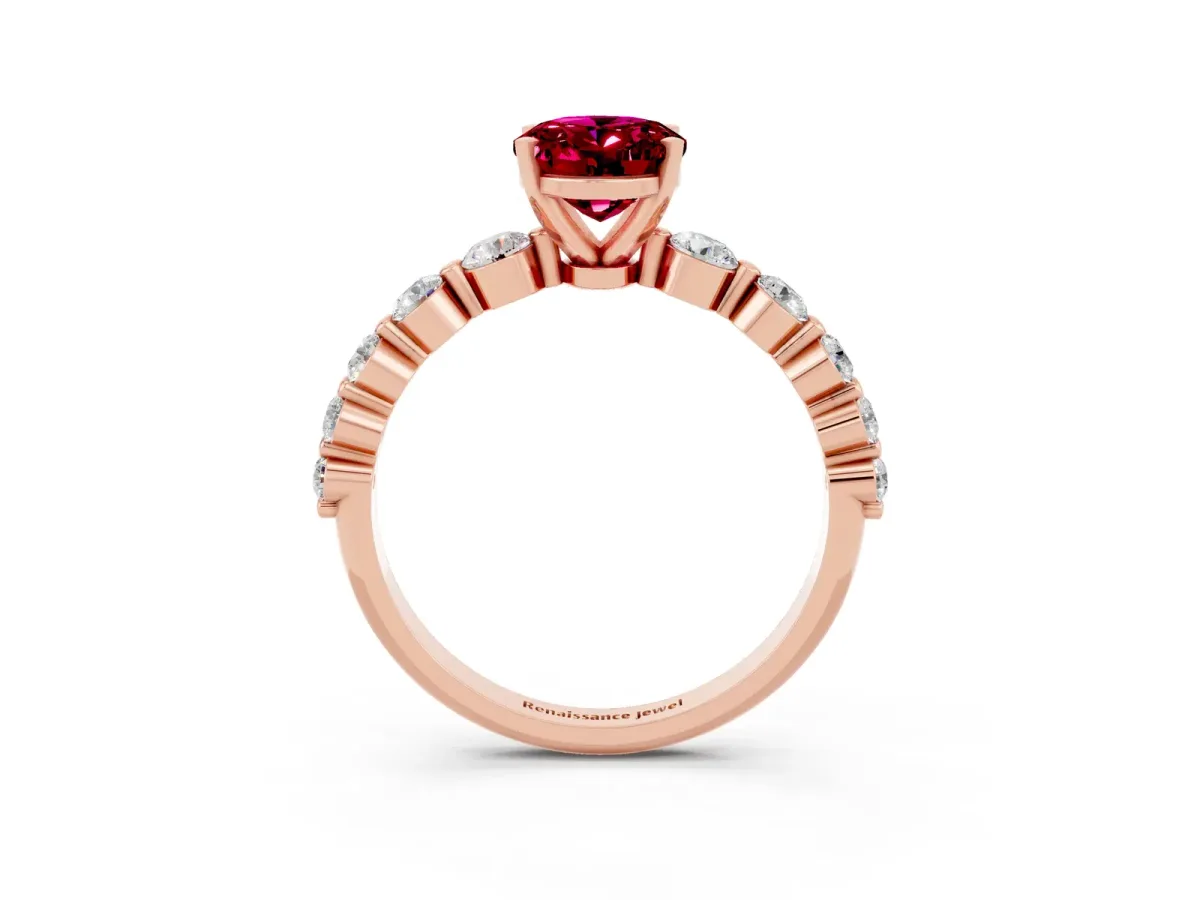 Oval Cut Solitaire Garnet Ring with Pave Band and Four-Prong Setting Rose gold