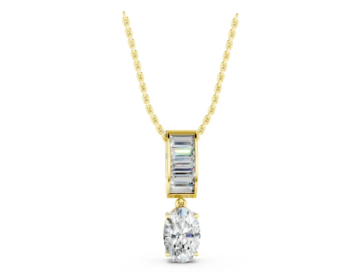 Oval and Baguette Diamond Drop Pendant Yellow gold
