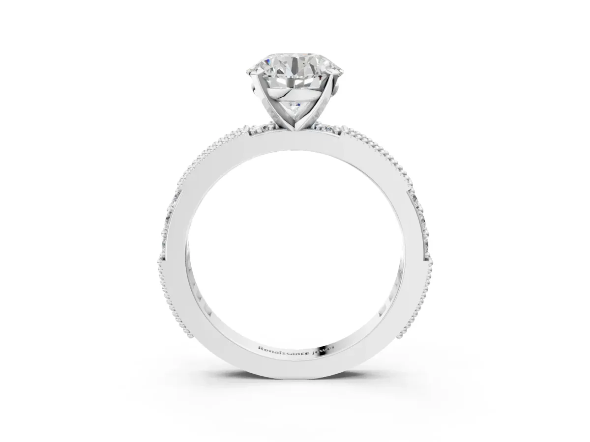 Round Cut Solitaire with Pavé Band and Four-Prong Setting Platinum