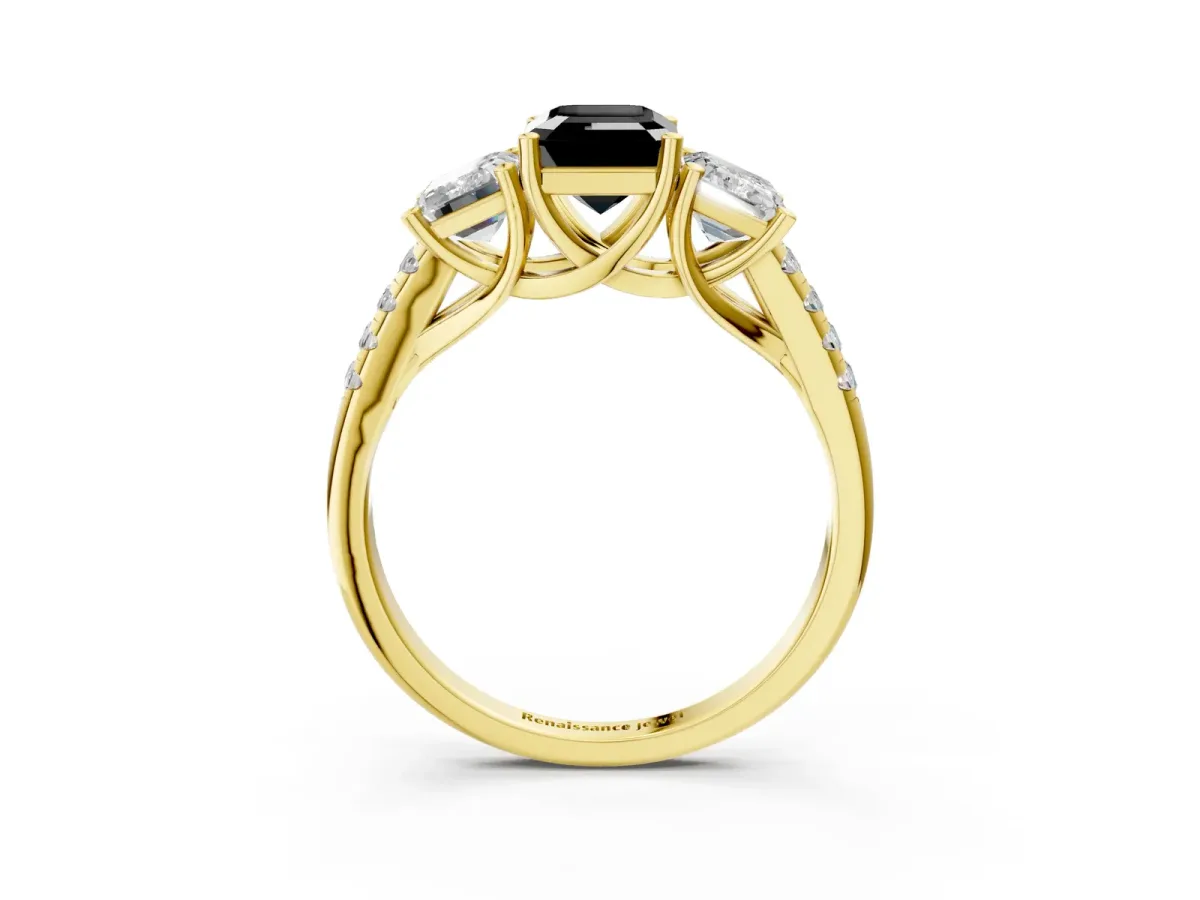 Fancy Black Three-Stone Emerald Cut Diamond Ring with Round Pavé Band and Prong Setting Yellow gold
