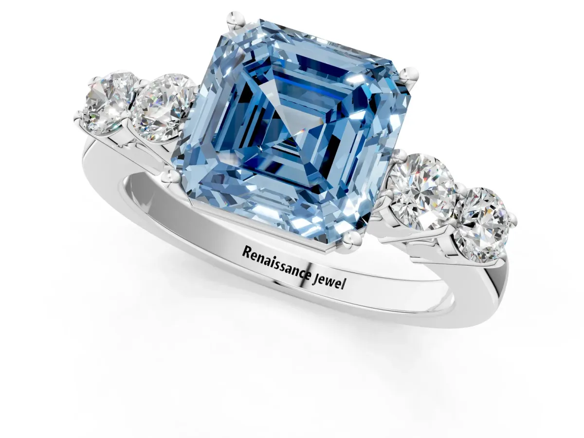 Fancy Blue Asscher Cut Cut Diamond Five-Stone Prong Set White Gold Ring Platinum