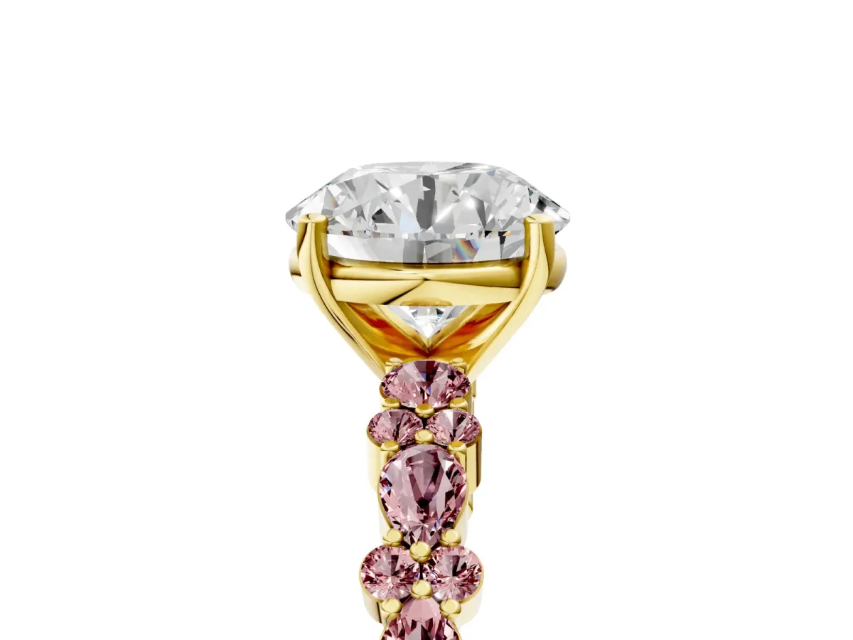 Round Cut Diamond Side Stone Solitaire Ring with Round Morganite and Four-Prong Setting Yellow gold