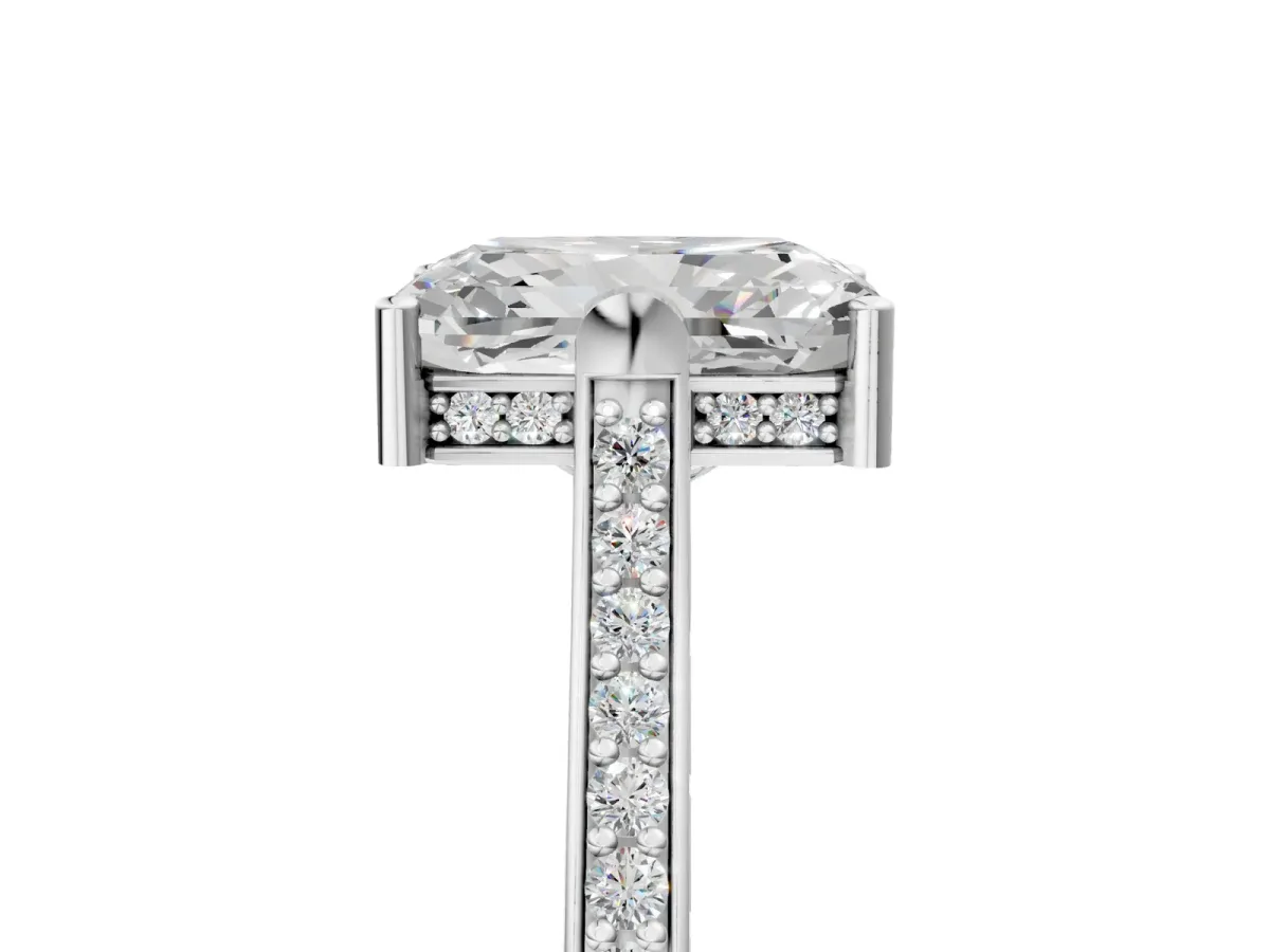 Radiant Cut Solitaire Diamond Ring with Channel Set Band and Bezel Prong Setting Platinum