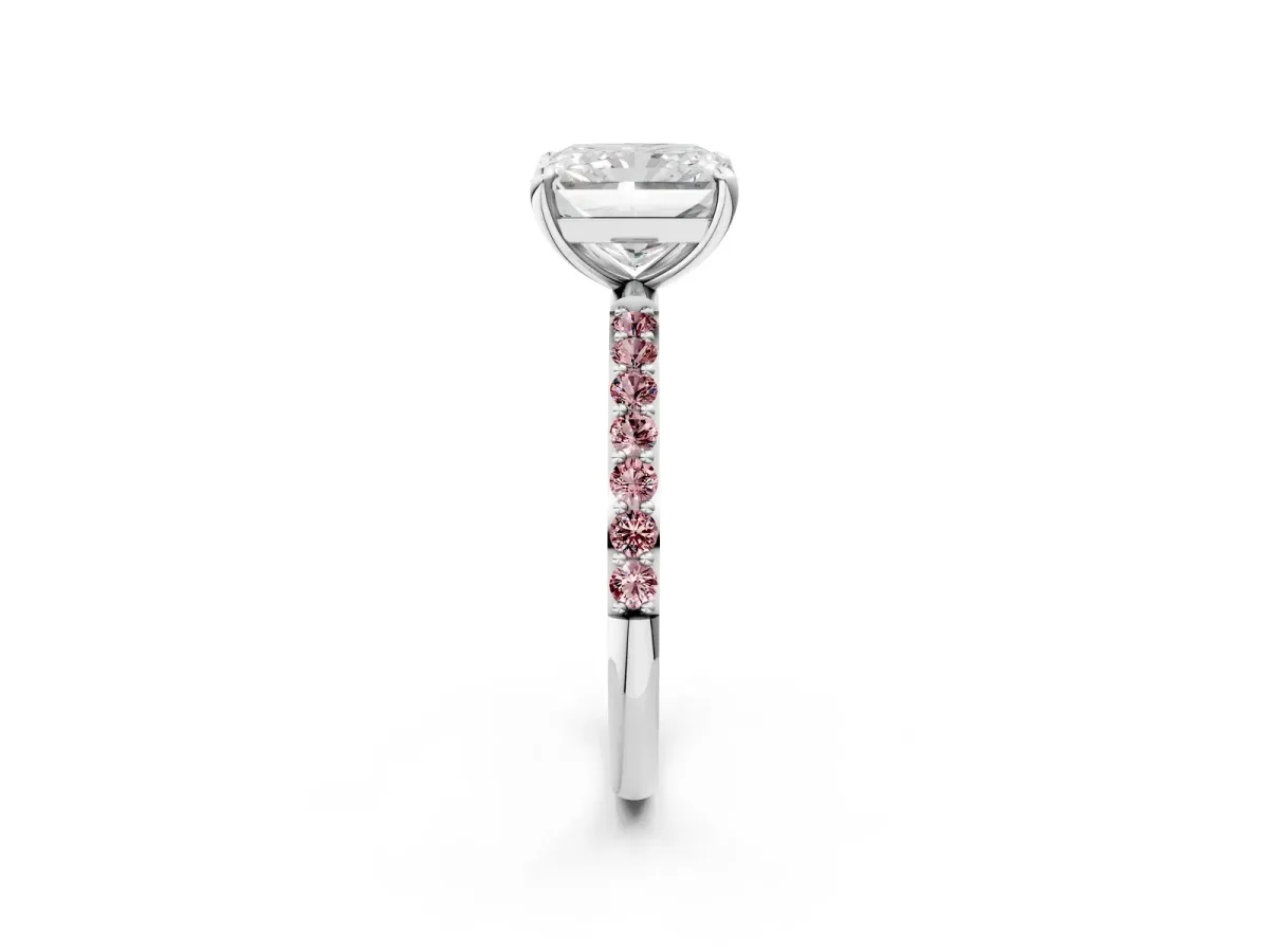 Radiant Cut Diamond Solitaire Ring with Round Morganite Pavé Band and Prong Setting Silver