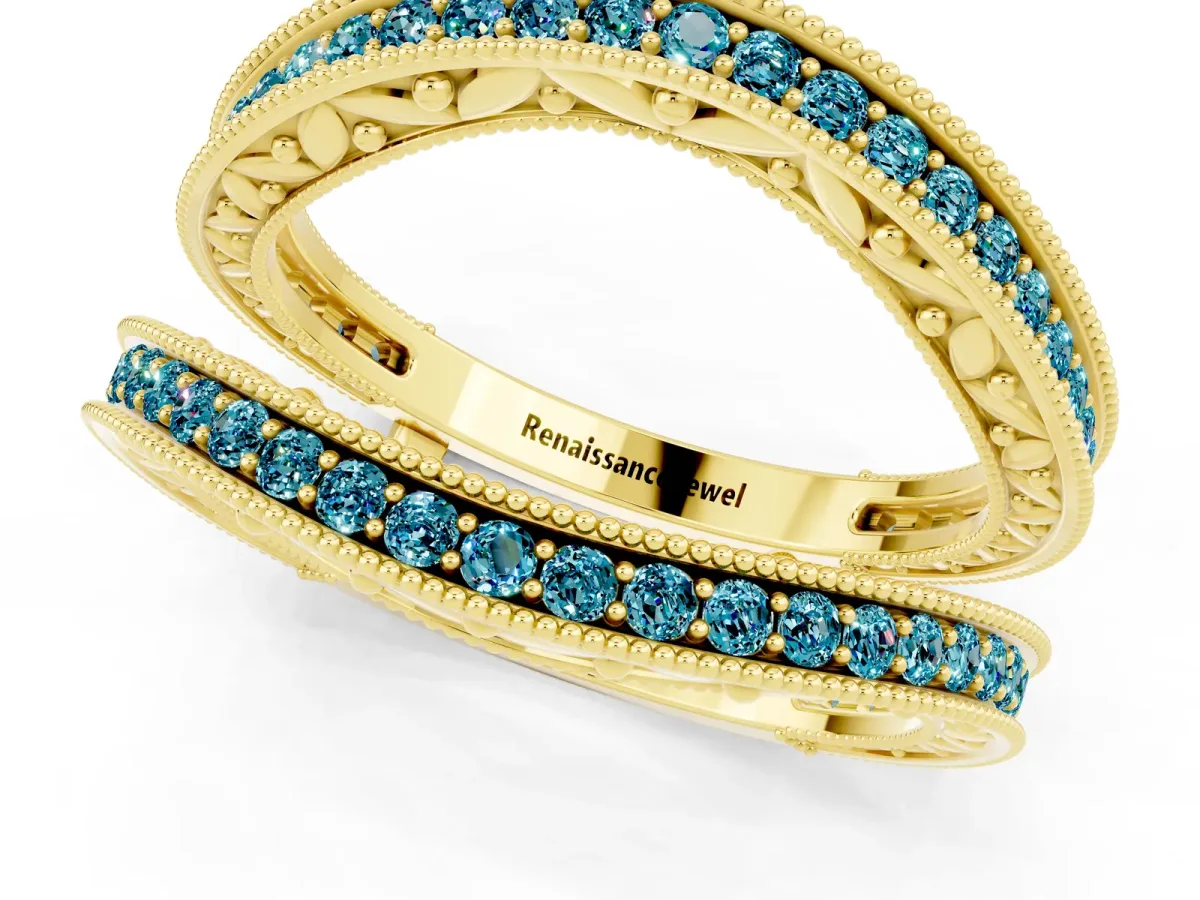 Round Blue Topaz Milgrain Eternity Band with Channel Setting Yellow gold