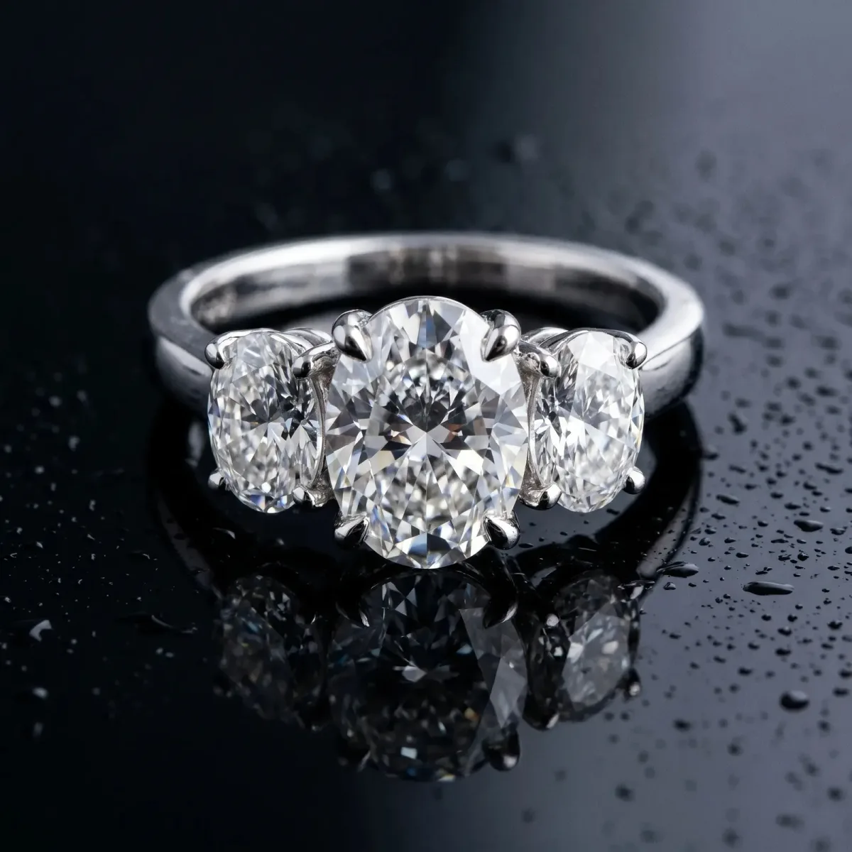 Three-Stone Oval Cut Cut Diamond Ring with Channel Set Band and Four-Prong Setting Platinum