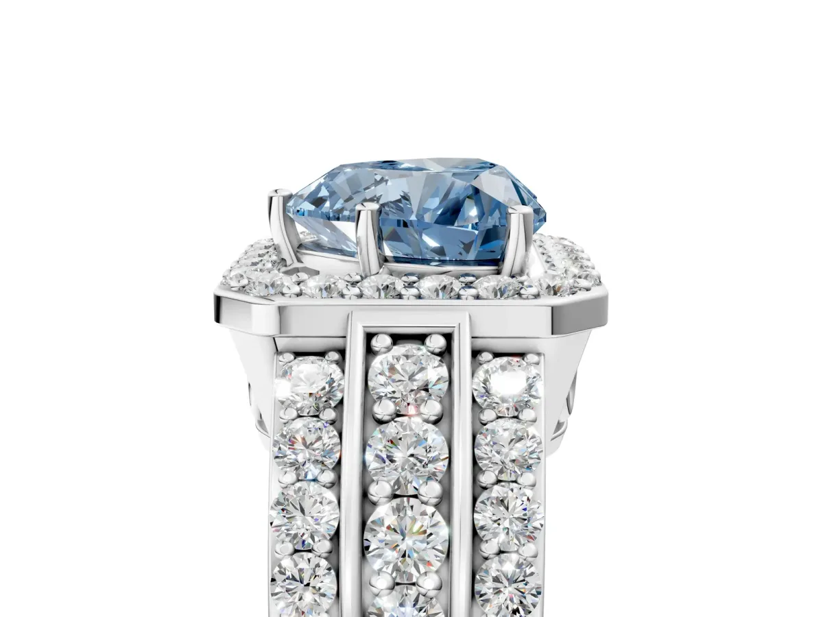 Fancy Blue Heart Cut Halo Diamond Ring with Round Split Shank and Prong Setting Silver