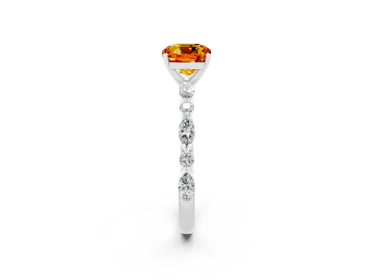 Cushion Cut Citrine Ring with Marquise and Round Side Stones and Four-Prong Setting Silver