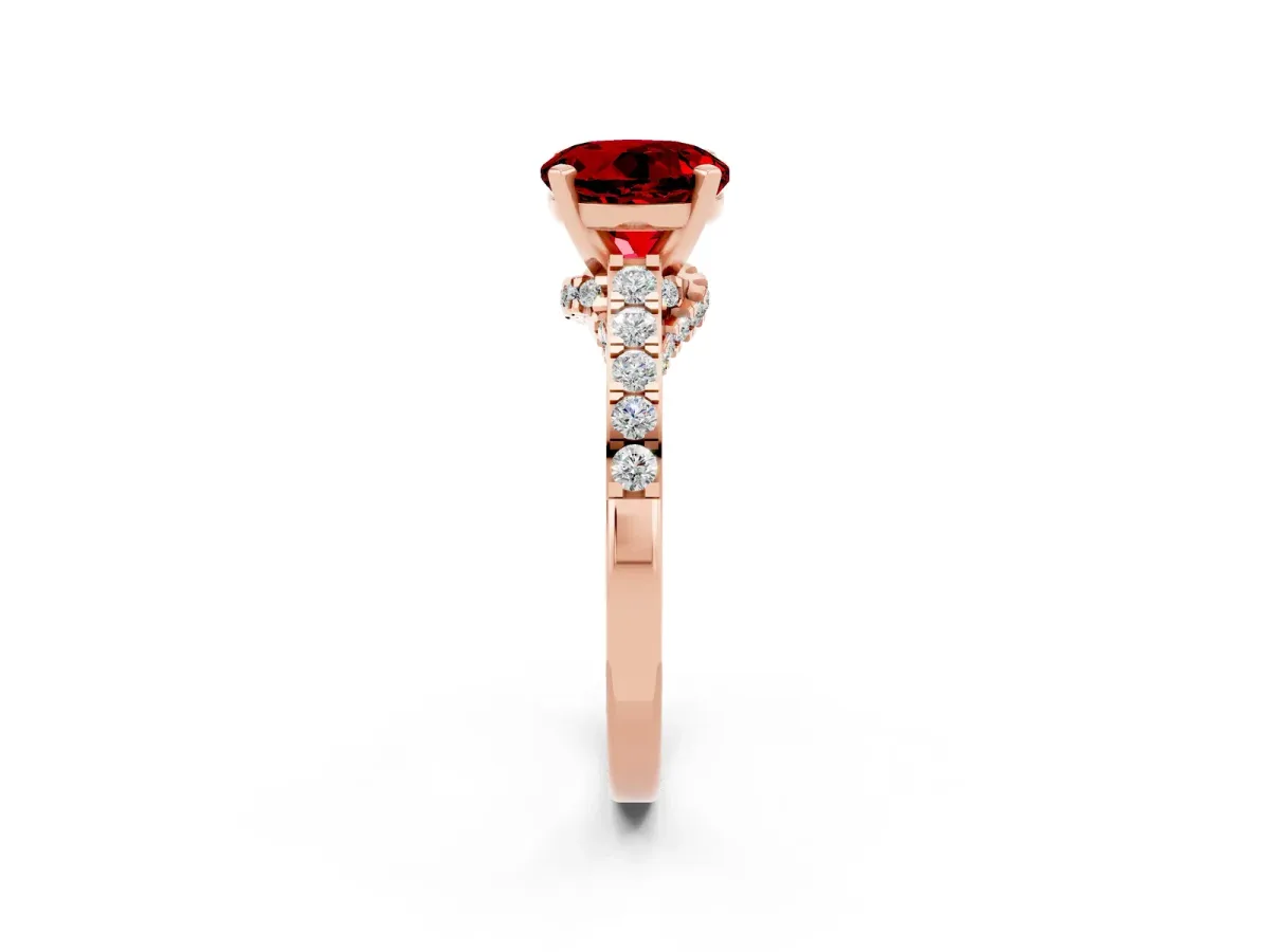 Round Cut Ruby Solitaire Ring with Crossover Gallery and Round Pavé Band Rose gold