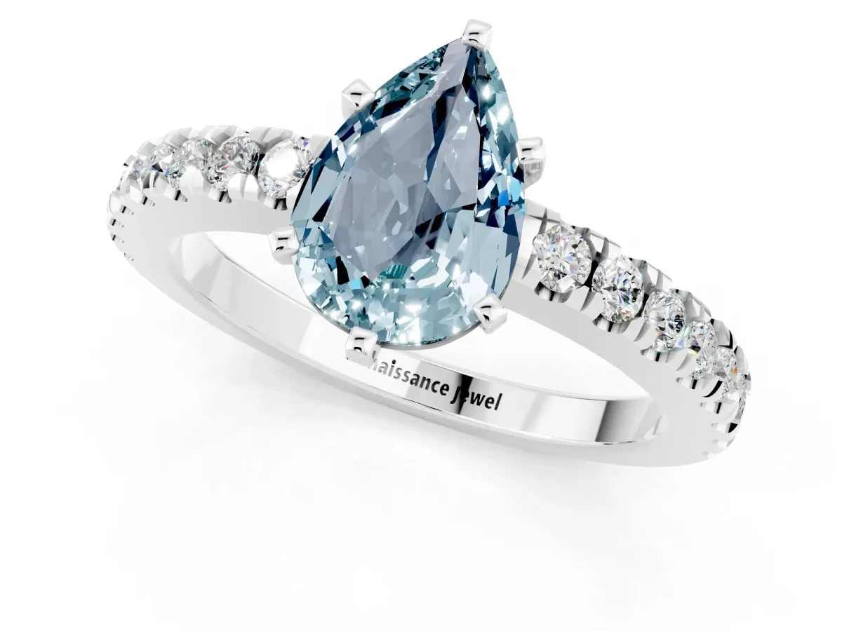 Pear Cut Solitaire Aquamarine with Pavé Band and Four-Prong Setting Silver