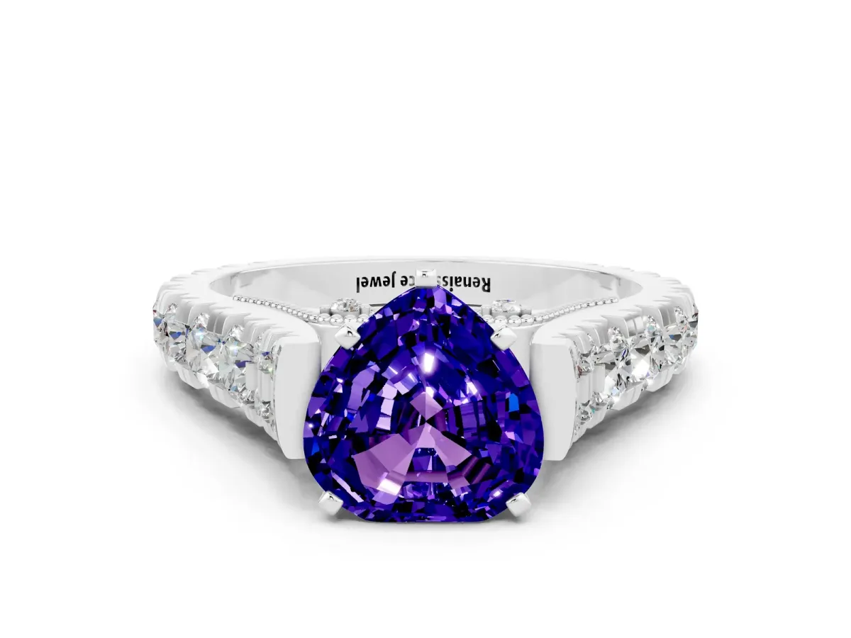 Heart Cut Tanzanite Classic Solitaire Ring with Pavé Band and Four-Prong Setting Silver