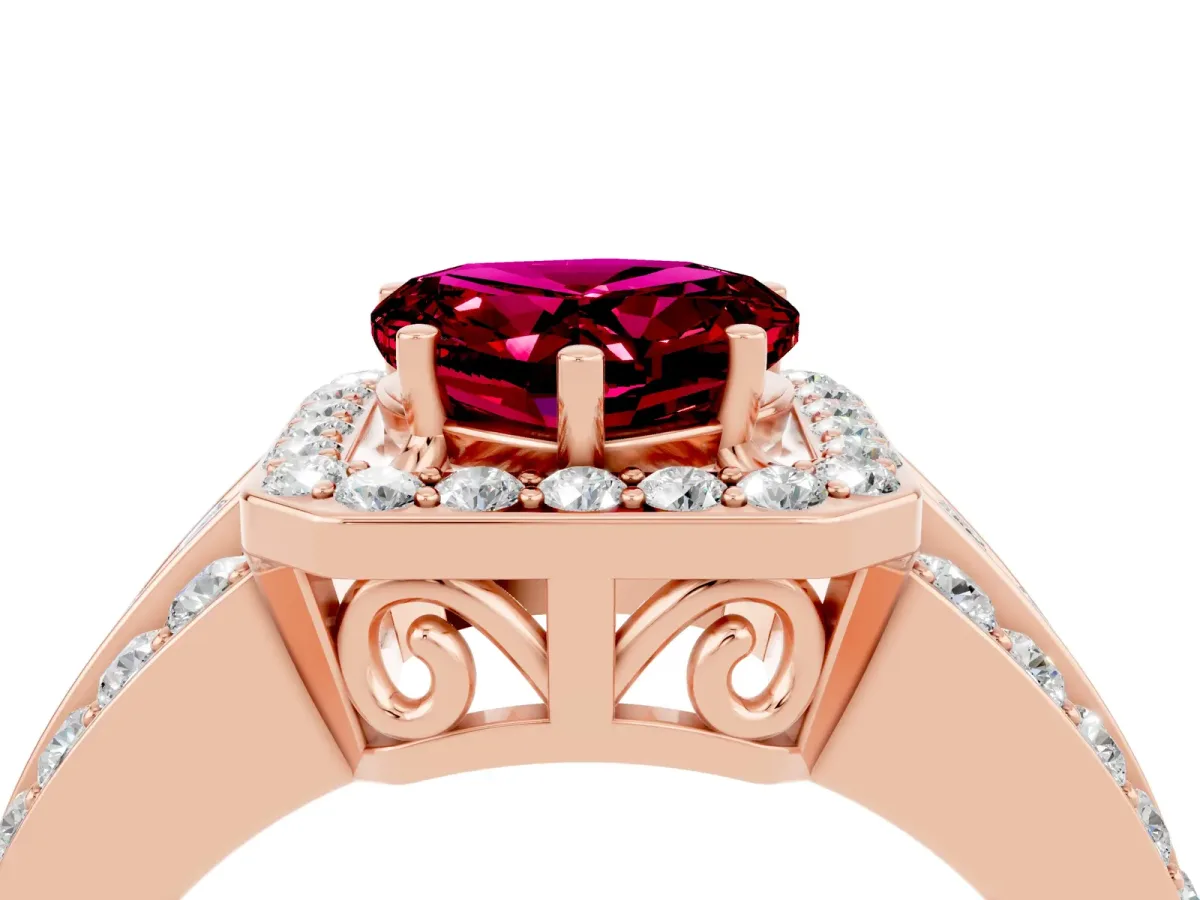 Heart Cut Halo Garnet Ring with Round Split Shank and Prong Setting Rose gold