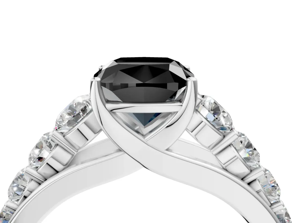 Fancy Black Cushion Cut Brilliant Diamond Pavé Band with Six-Prong Setting Silver