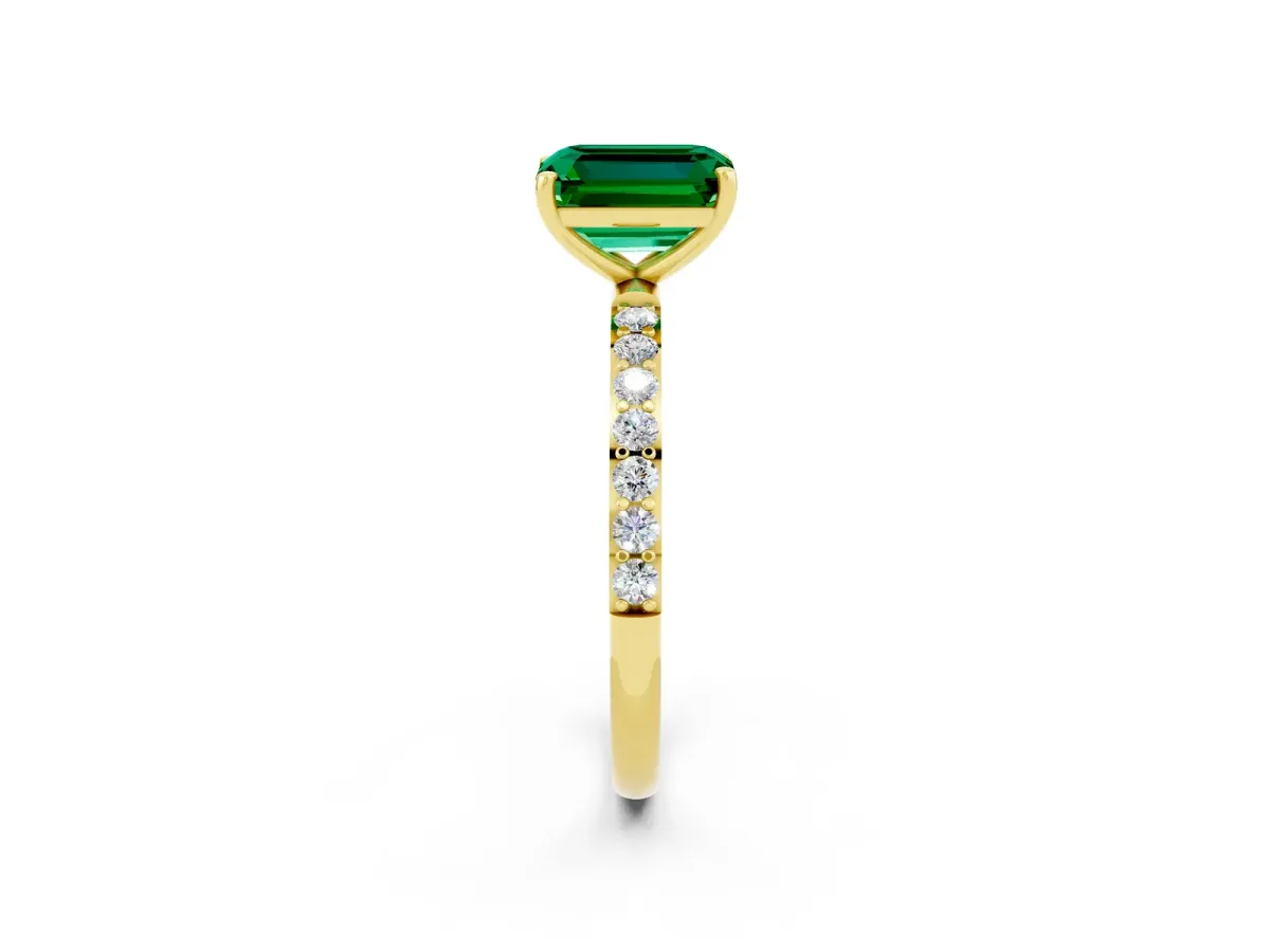Emerald Cut Emerald Solitaire Ring with Round Pavé Band and Prong Setting Yellow gold