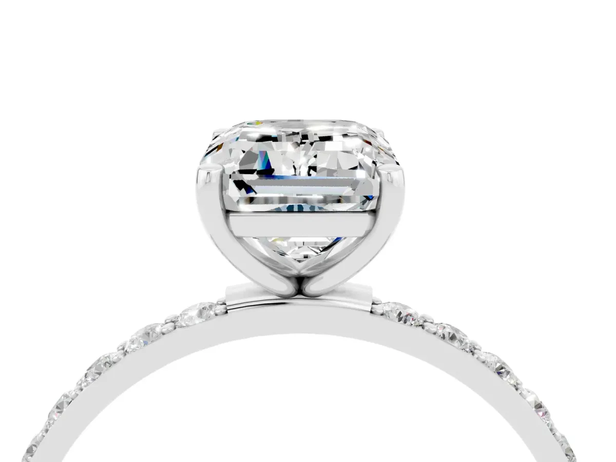 Emerald Cut Moissanite Solitaire Ring with Round Pavé Band and Prong Setting Platinum
