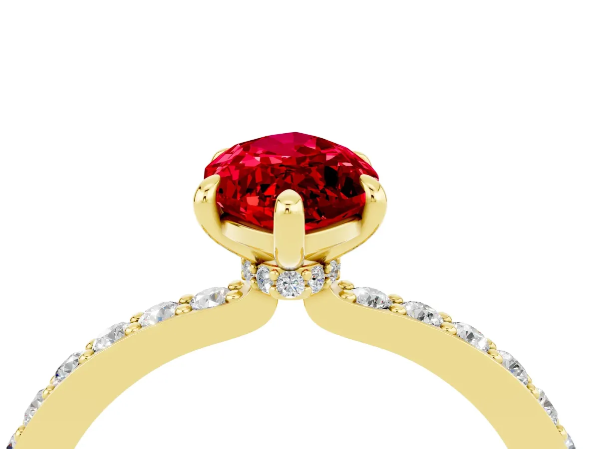 Marquise Cut Ruby Solitaire Engagement Ring with Pavé Band and Four-Prong Setting Yellow gold