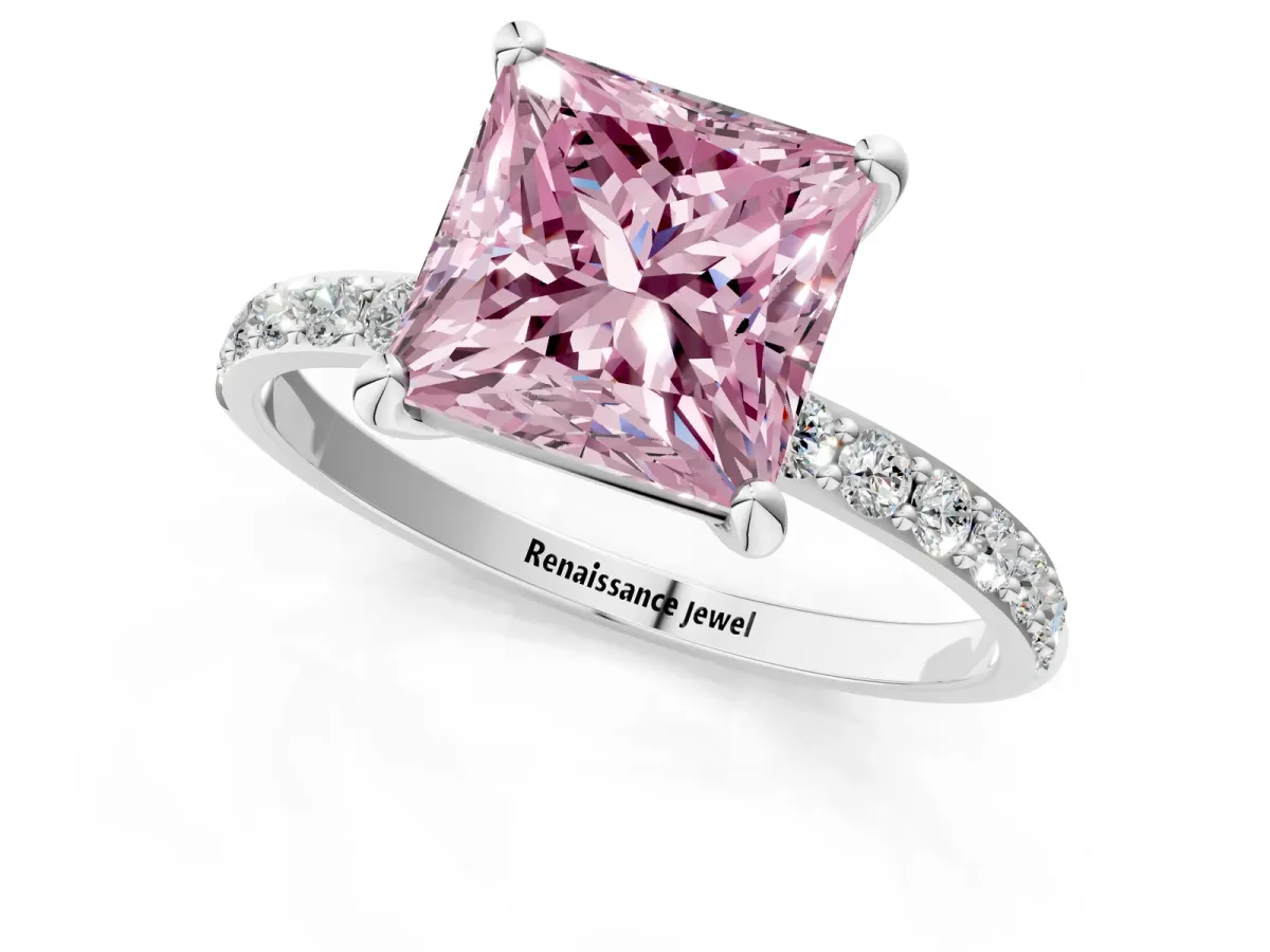 Fancy Pink Princess Cut Diamond Solitaire Ring with Round Pavé Band and Prong Setting Silver