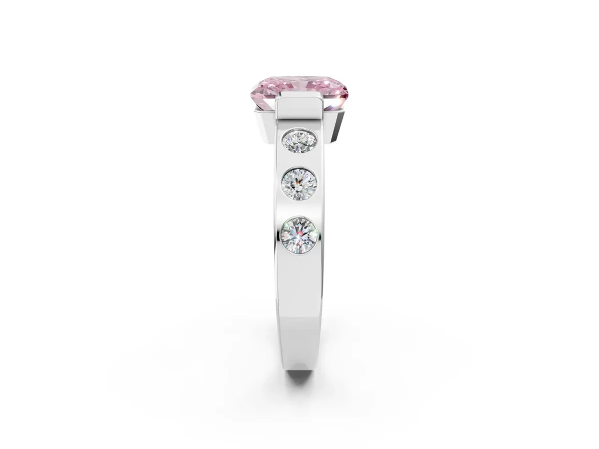 Fancy Pink Radiant Cut Brilliant Channel-Set Diamond Ring with Bezel Prong Setting Platinum